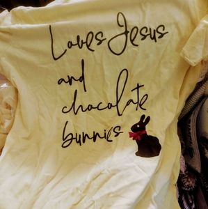 Love Jesus and chocolate bunnies yellow Made in USA new s, m, l  wom.t shirt